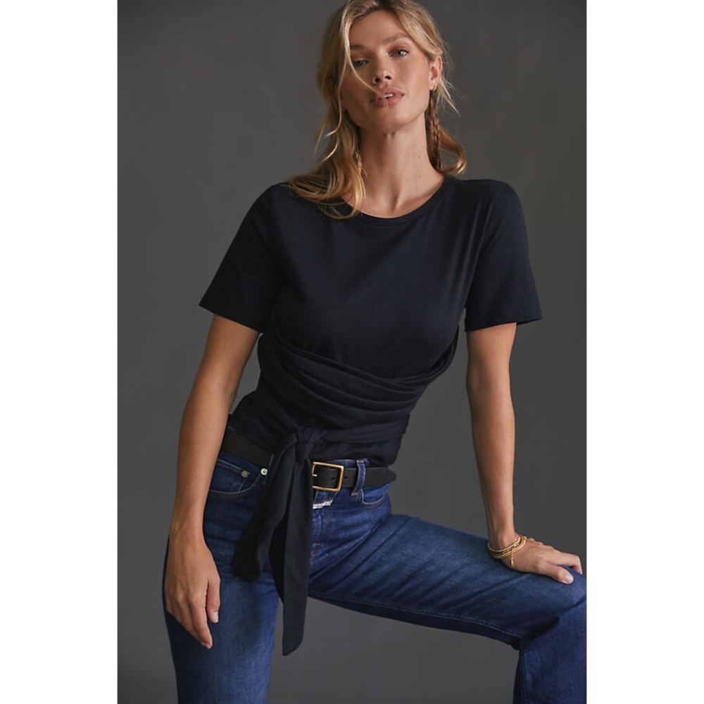 Pilcro Anthropologie Black Short Sleeve Tie-Waist Top Size Medium